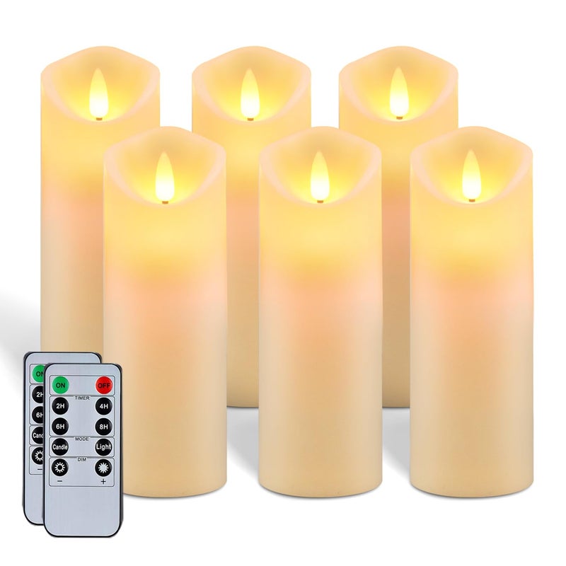 5plots 7"x 2.2" Flickering Flameless Candles, Battery Operated LED Pillar Candles with Timers and Remote Control, Made of Wax-Like Frosted Plastic, Wonâ€™t Melt, Ivory, Skinny, Set of 6 - Image 1